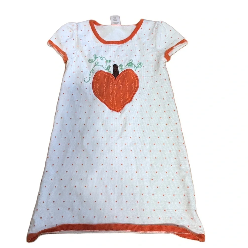 Gymboree Pumpkin Orange Embroidered Dress Sz 7 White Dot Fall Girls Kids